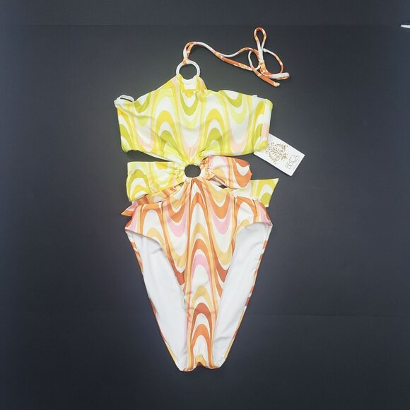 Becca Whirlpool Margot High Neck Halter One Piece Size Small Citrus Retro Print - Picture 16 of 16